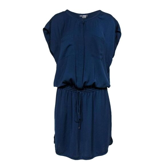 Vince Mini Shirt Dress Womens Large Blue Sleeveless Elastic Wasit 100% Polyester - Picture 3 of 8